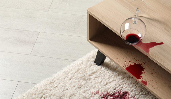 White rug stained with red wine from spill